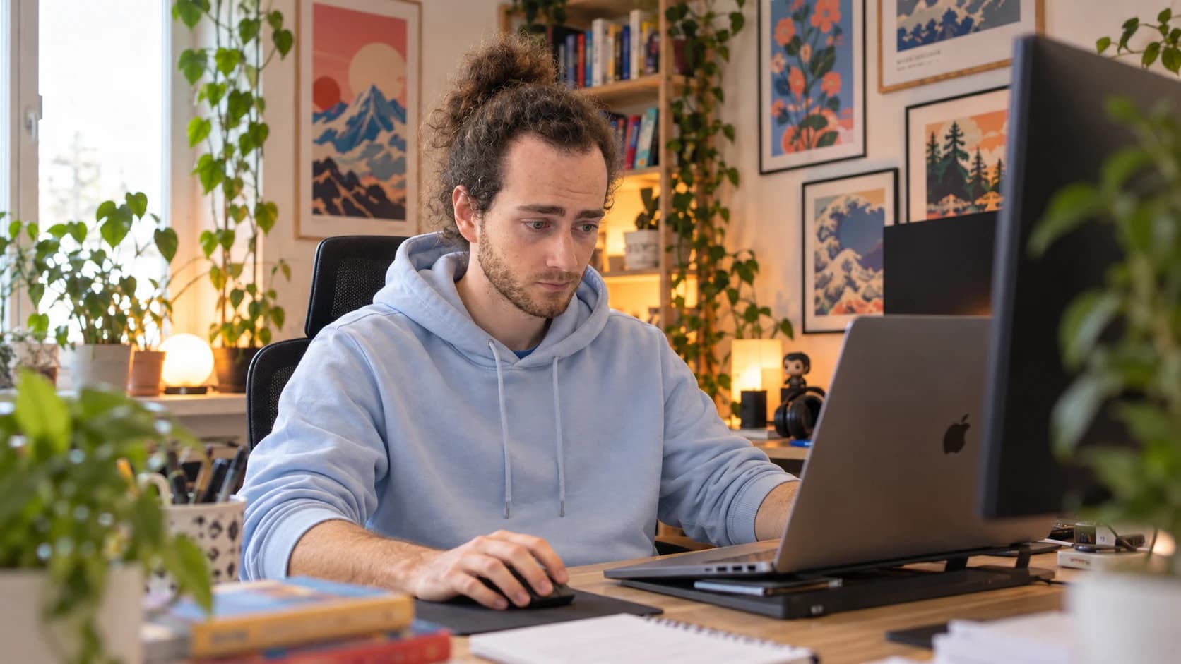 Matteo Romano working at his desk, surrounded by plants and posters in his studio