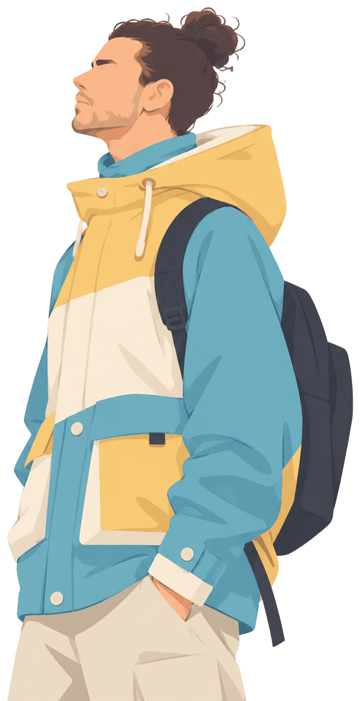 Illustrated portrait of Matteo Romano in a yellow and blue jacket